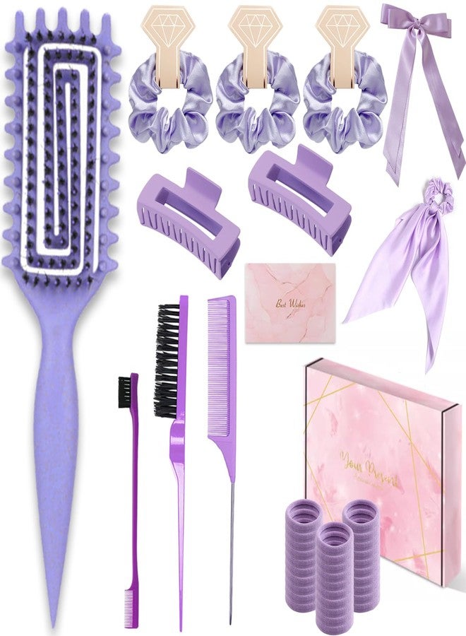 suniya Curly Hair Brush,Curl Defining Brush,Slick Back Hair Brush,Rat Tail Comb,Edge Bristle Brush,Clip Claw,Bow,Satin Scrunchies,No Damage Hair Ties,Scarf Hair Ties,Gifts For Women,Best Gift Set(Purple) - Image 1